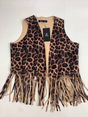 NOLESS Fringed Leopard Print Vest Brown tan Black Size Medium Open Front NEW NWT